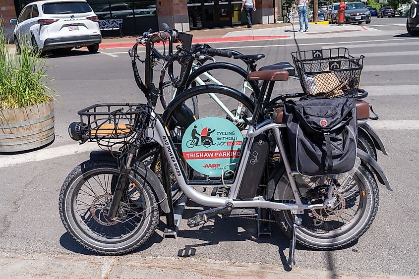 Rad Power Bikes by Cycling without Age Trishaw Parking AARP, for rent in the downtown area of Jackson, Wyoming.