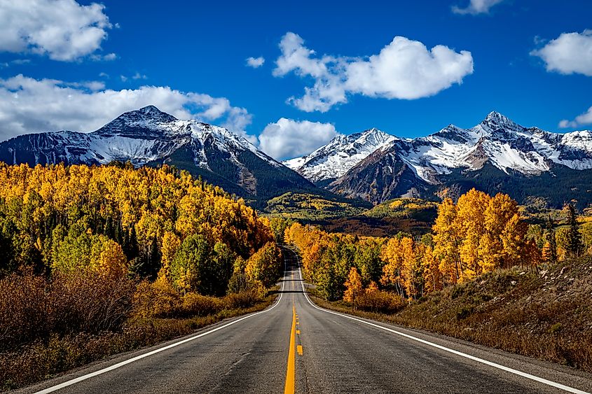 Stunning scenic fall drive along Colorado 145 near Telluride Colorado on a sunny afternoon.