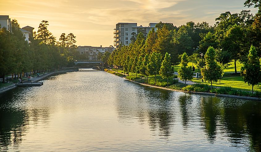 Waterway through The Woodlands which shows Woodlands Town Square