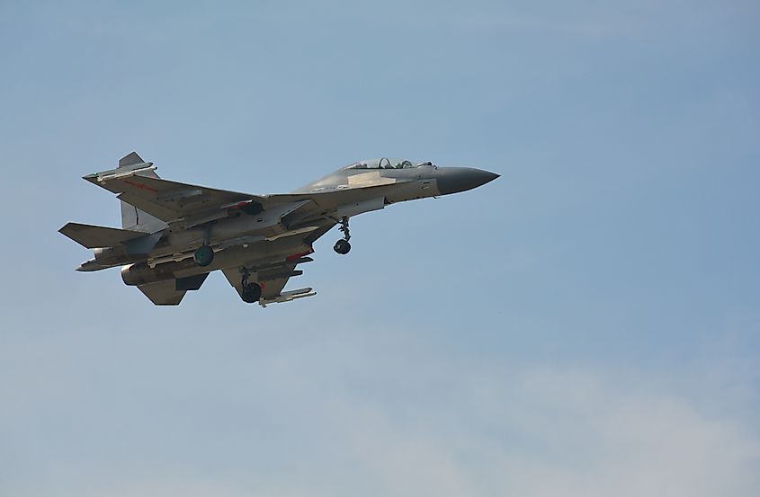 Shenyang-J11 Chinese fighter plane coming in to land at Jiaxing air base. Credit Shutterstock: Dave Coleman.