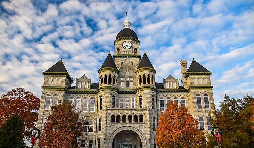 The Carthage Courthouse with fall foliage in downtown Carthage.