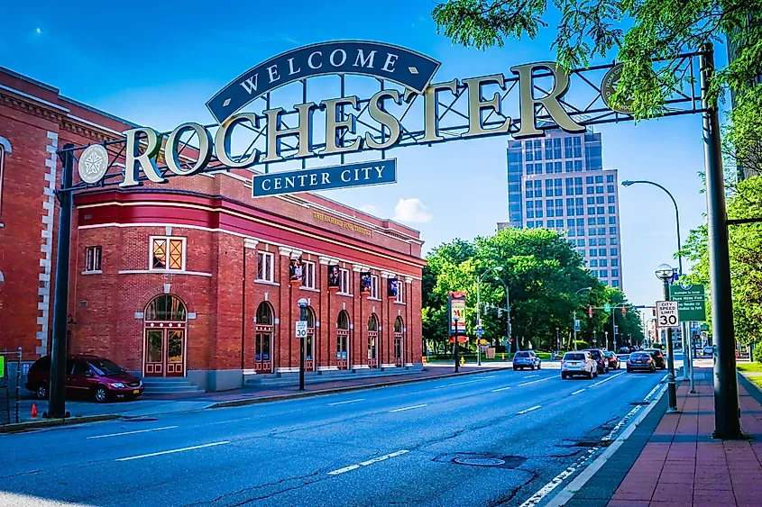 Welcome to Rochester New York sign in downtown Rochester.