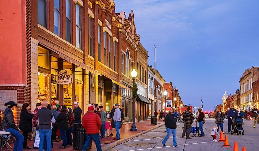 Night view of historical buildings in Guthrie, Oklahoma.