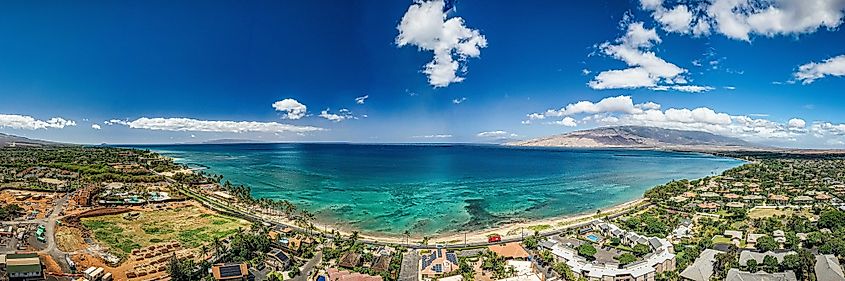 Drone view of Sugar Beach in Kihei, Maui, Hawaii.