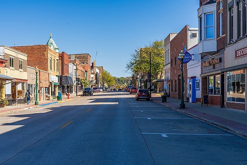 Historical storefronts on W. Water Street in Decorah, Iowa.