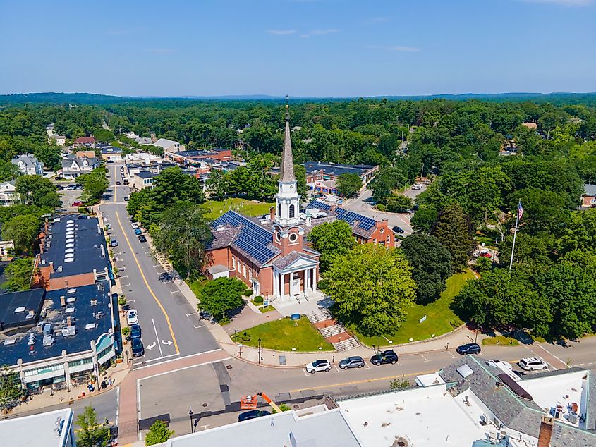 Aerial view of town center of Wellesley, Massachusetts.