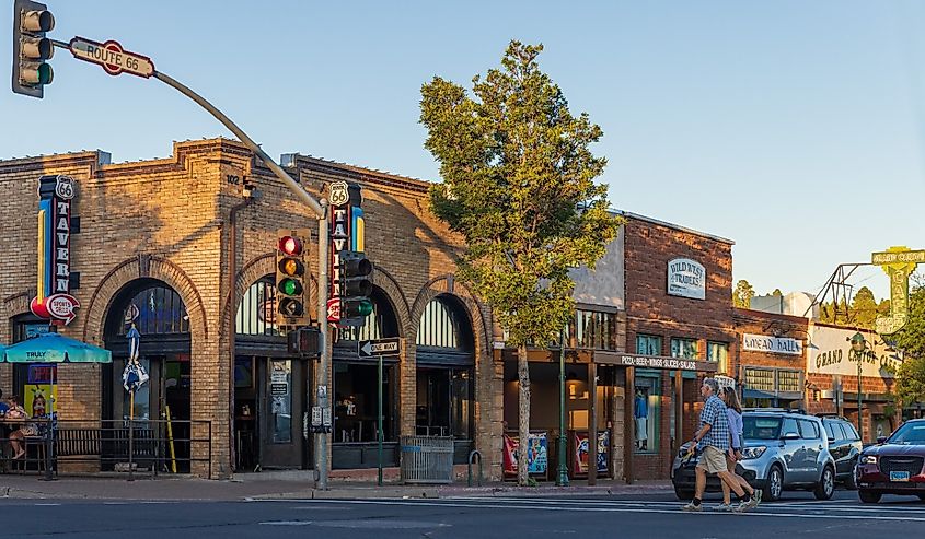 Street scene in downtown Flagstaff, Arizona in the late afternoon