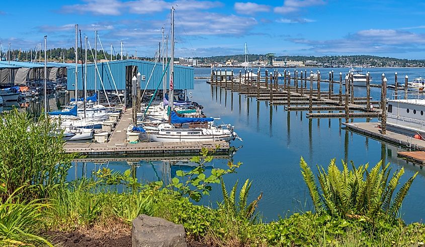 Port Orchard marina boats docked and the surrounding landscape Washington state.