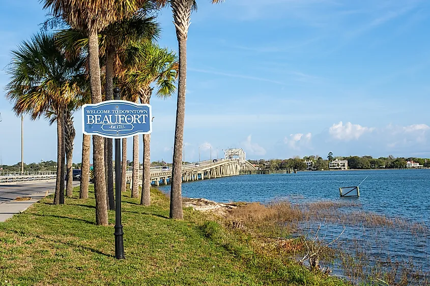 Scenic view of Woods Memorial Bridge with a welcome to Beaufort, South Carolina 