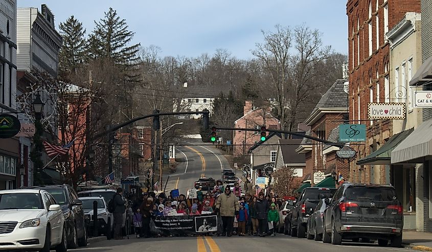 Downtown street in Lewisburg, West Virginia, Martin Luther King Day.