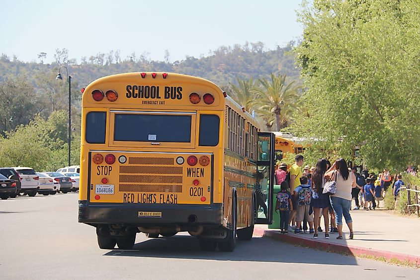 A school bus drops off students and teachers at a zoo for a school trip in Los Angeles, California. Image Credit Idealphotographer via Shutterstock.