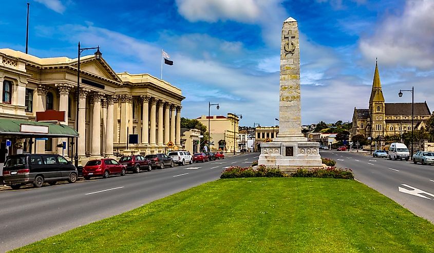 Thames Street and War Memorial Great War in Oamaru, New Zealand.