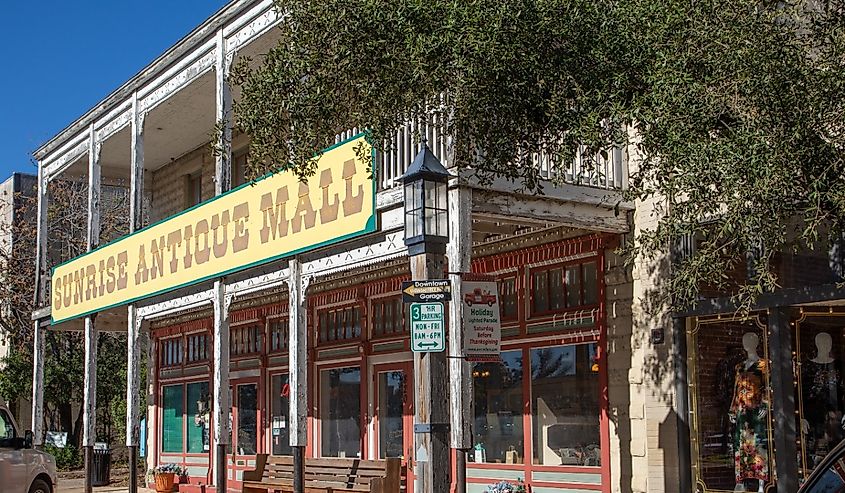 Old historic western house with balcony and historic decoration in Kerrville, Texas,