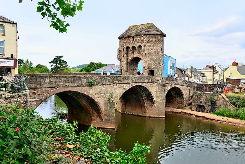 Monnow Bridge, a medieval bridge over the River Monnow in Monmouth, Wales.