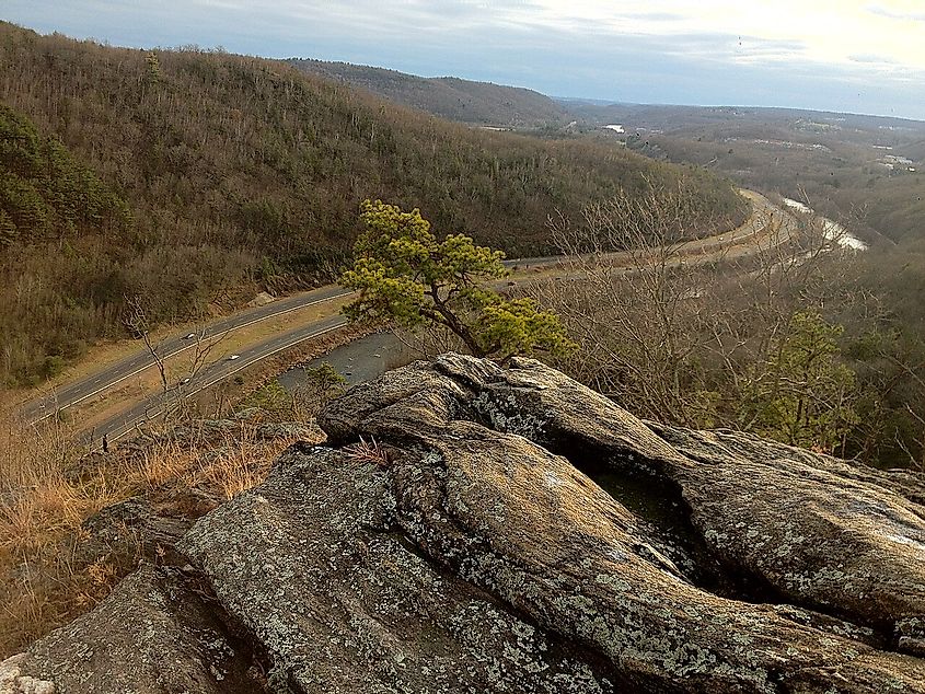 View of Connecticut Route 8, Naugatuck River and East Block from Naugatuck State Forest West Block Northern Section (Naugatuck, CT) summit above Black Forest Road and High Rock Road.