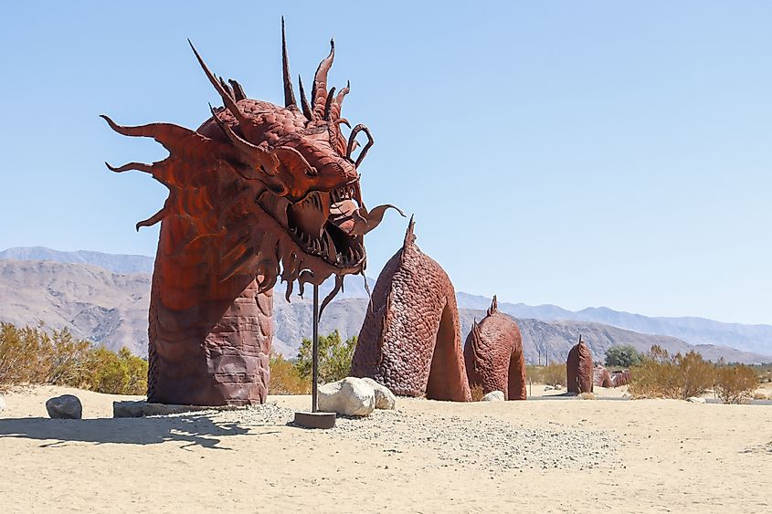 Large dragon snake metal sculpture in Borrego Springs, California.