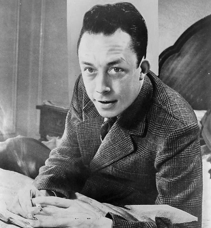 Black and white photo of  Albert Camus, writer.