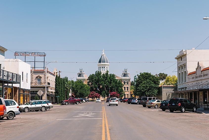 Marfa, Texas: A view of the courthouse building in Marfa Texas during a bright summer day.