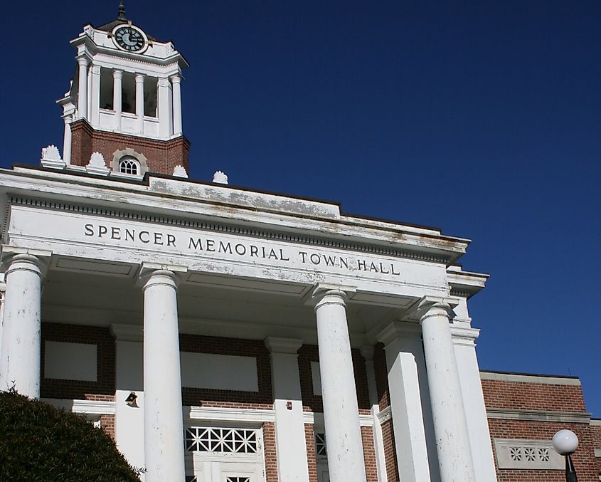 Spencer's Memorial Town Hall, on Main Street at Maple Street.