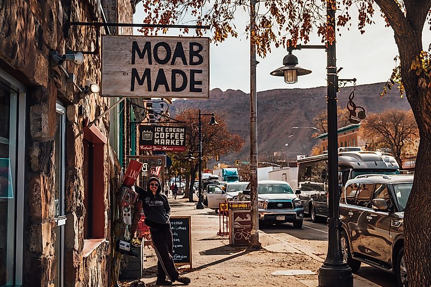 The lively downtown area of Moab, Utah.