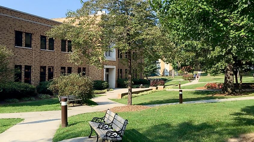 The Bryan College campus in Dayton, Tennessee, featuring academic buildings and well-maintained grounds in a scenic setting.