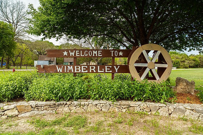 Welcome to Wimberley sign from this small town in the Texas Hill Country.