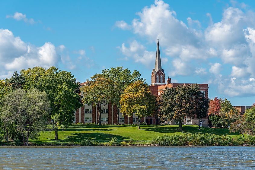 A view of St. Norbert College located along the scenic Fox River in De Pere, Wisconsin.