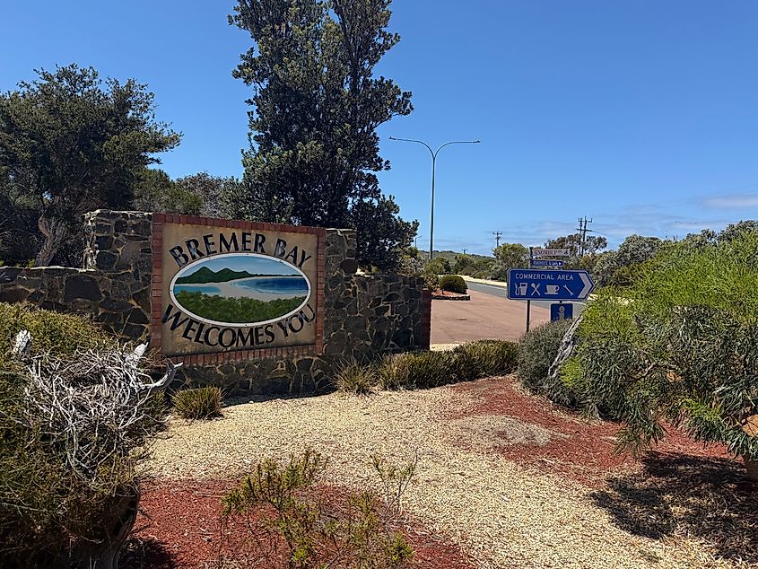 View of the welcome sign at Bremer Bay, Western Australia