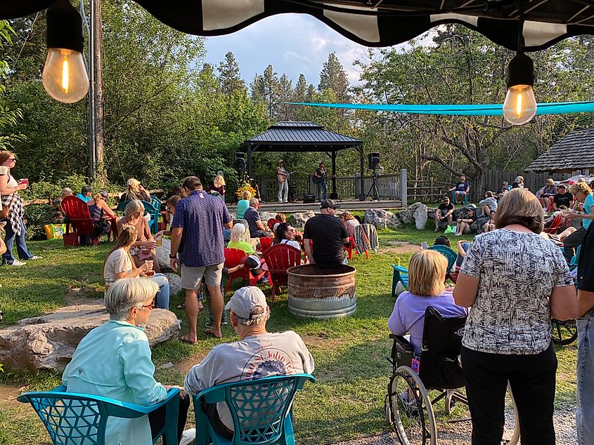 A small community crowd gathers in a sunny park to watch a duet of live musicians.