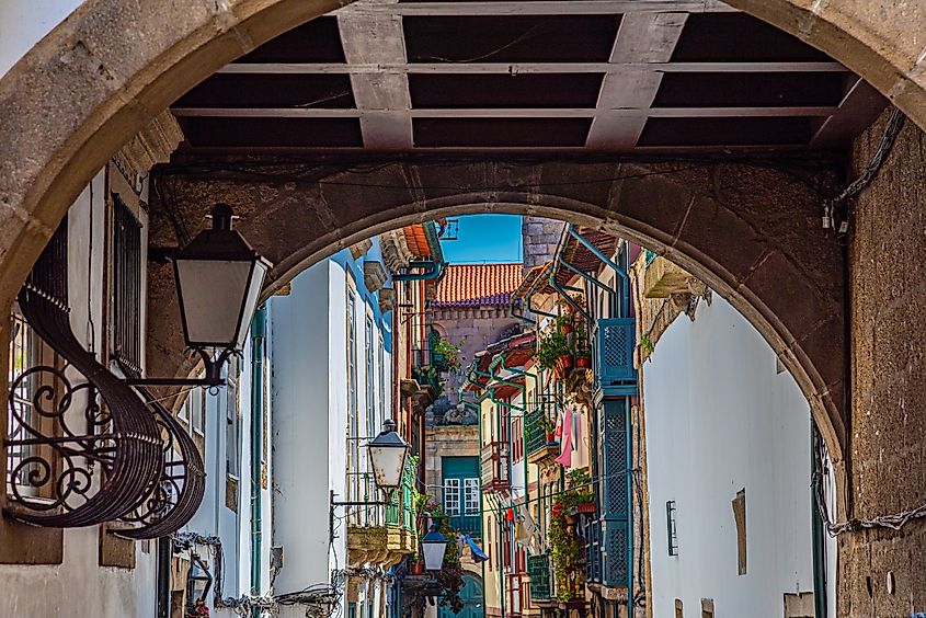 View of a narrow street in the old town of Guimarães, Portugal