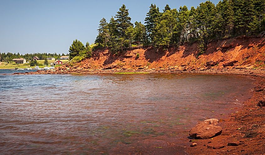 Red cliffs of Prince Edward Island Atlantic coast near Cavendish, PEI, Canada.