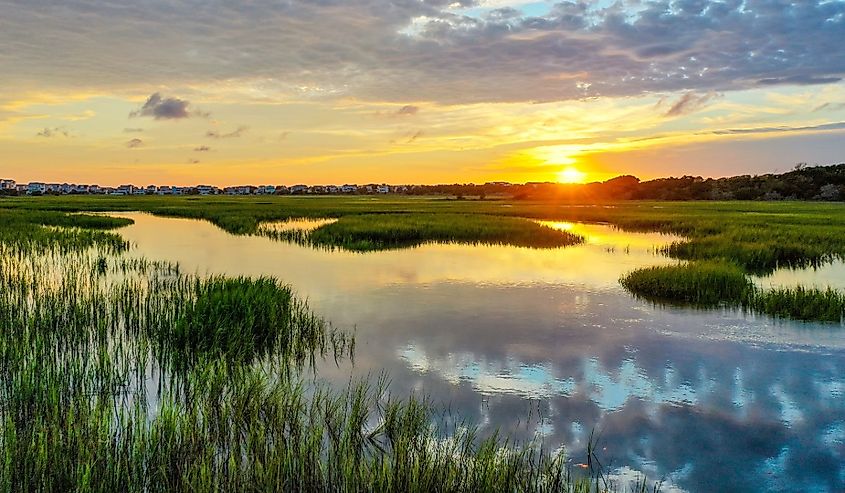 A scenic view of the Golden Isles at sunset in the American state of Georgia.