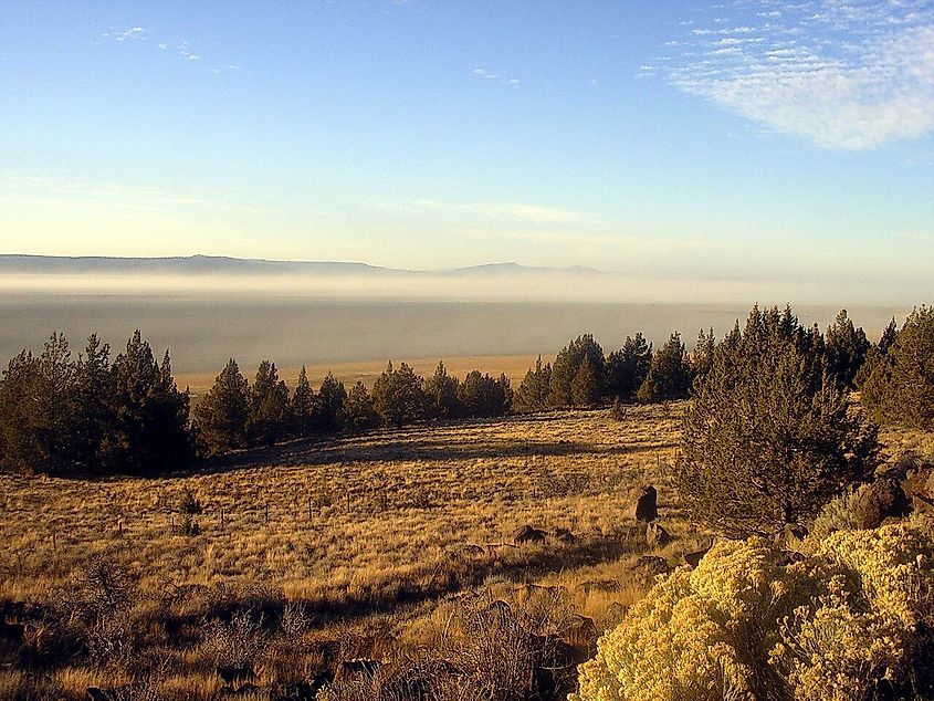 An alkaline dust storm blowing into Lakeview, Oregon, over the deeper north end of Goose Lake.