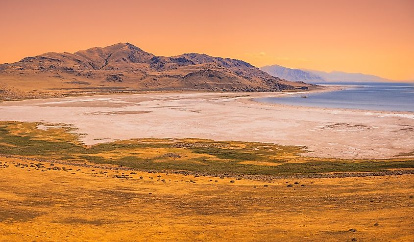 View from the Buffalo Point Hiking Trail Great Salt Lake Summer Landscape in Syracuse, Greater Salt Lake City, Utah.