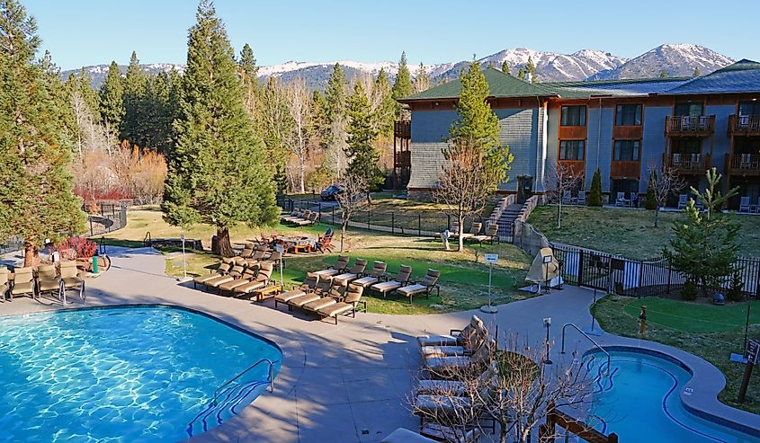 View of the Hyatt Regency Lake Tahoe Resort, Spa and Casino, a waterfront resort on the shore of Lake Tahoe on the Nevada side.