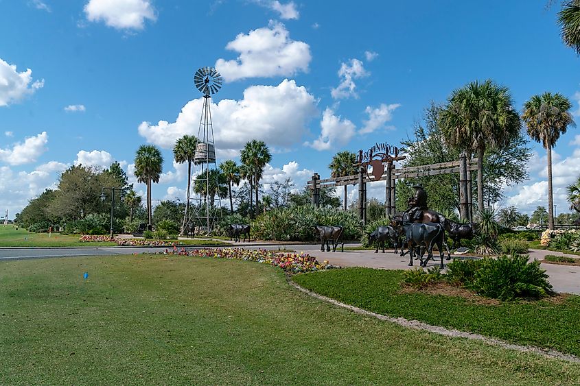 Wildwood, Florida: Brownwood entrance with beautiful bronze statues. Brownwood has the look of Old Florida and is a 55 Plus retirement community.