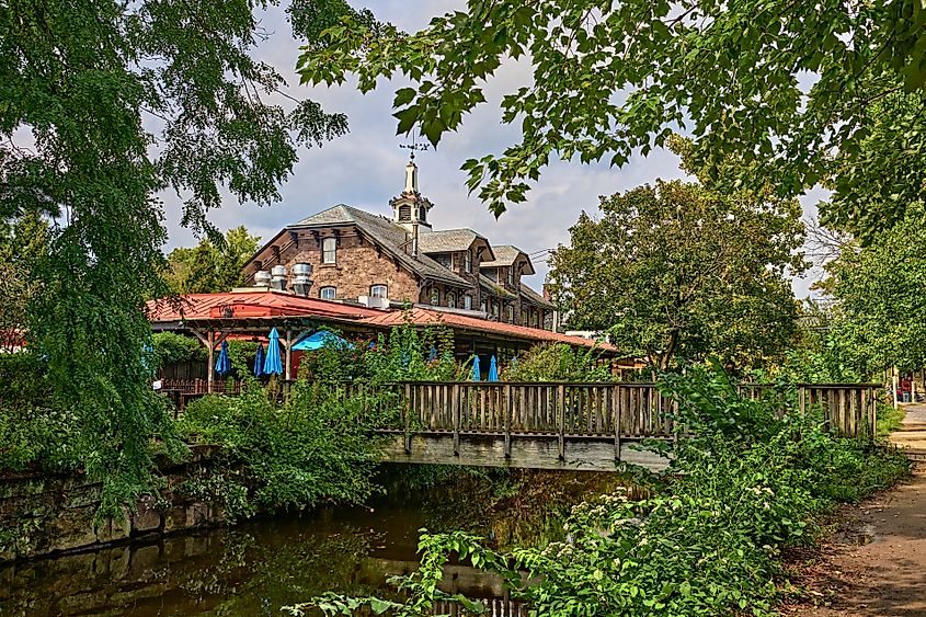 A restaurant surrounded by greenery in Lambertville, New Jersey.