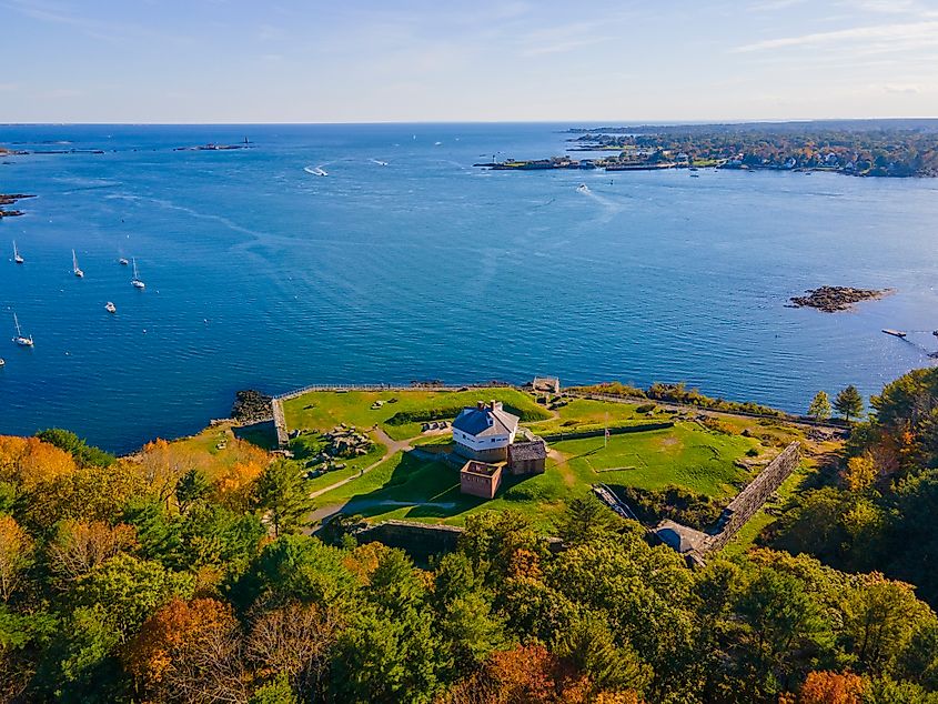 Fort McClary aerial view in fall on Piscataqua River at Portsmouth Harbor, with Fort Constitution at the background across the river in Kittery Point, town of Kittery, ME, USA.