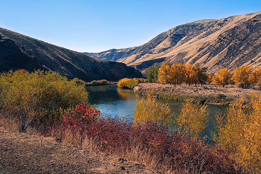 Yakima Canyon in the fall, with the Yakima River reflecting the blue sky.