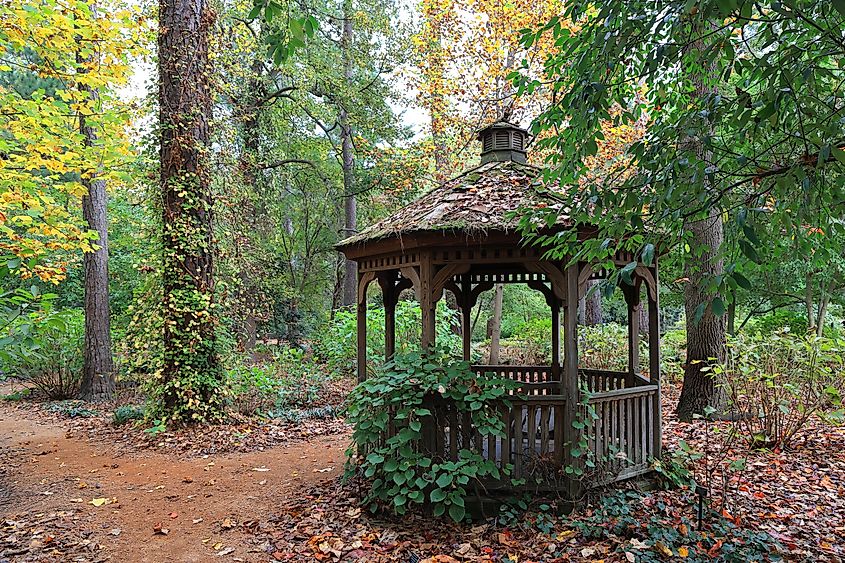 A quaint gazebo sits tucked into the shady woodland at Norfolk Botanical Gardens in Norfolk, Virginia