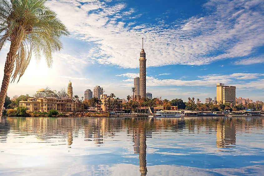 Cairo downtown, view on Gezira Island and the tower from the Nile, Egypt