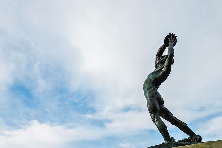 A discobolus from the Panathenaic Stadium in Athens that hosted the first modern Olympic Games.