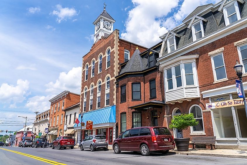 Businesses Along Main Street in Downtown Historic Williamsport, Maryland.