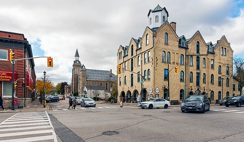 Downtown street in Paris, Ontario, Canada.