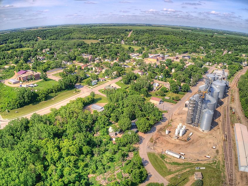 Small town of Morton, Minnesota, with grain silos and a railroad.
