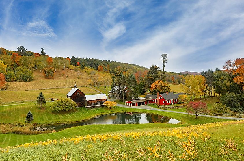 Peaceful New England Farm in Autumn Morning, Woodstock, Vermont, USA.