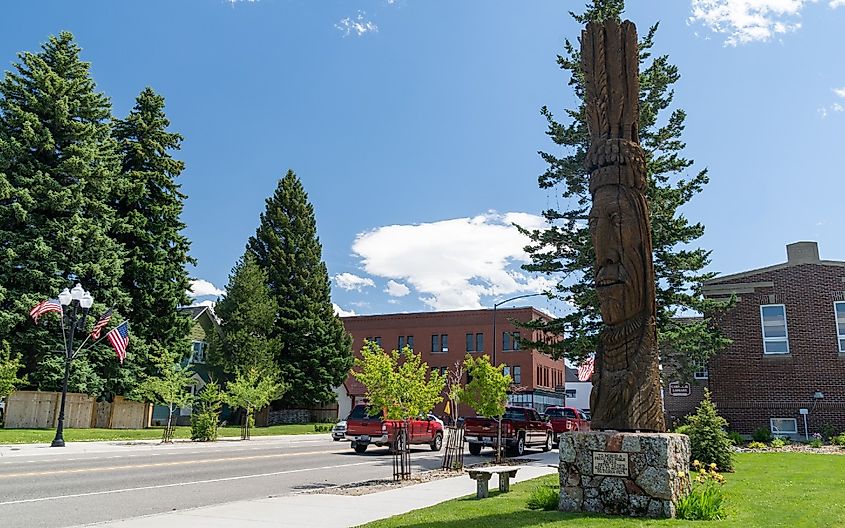 Trail of the Whispering Giants totem pole in the downtown area in Red Lodge, Montana.