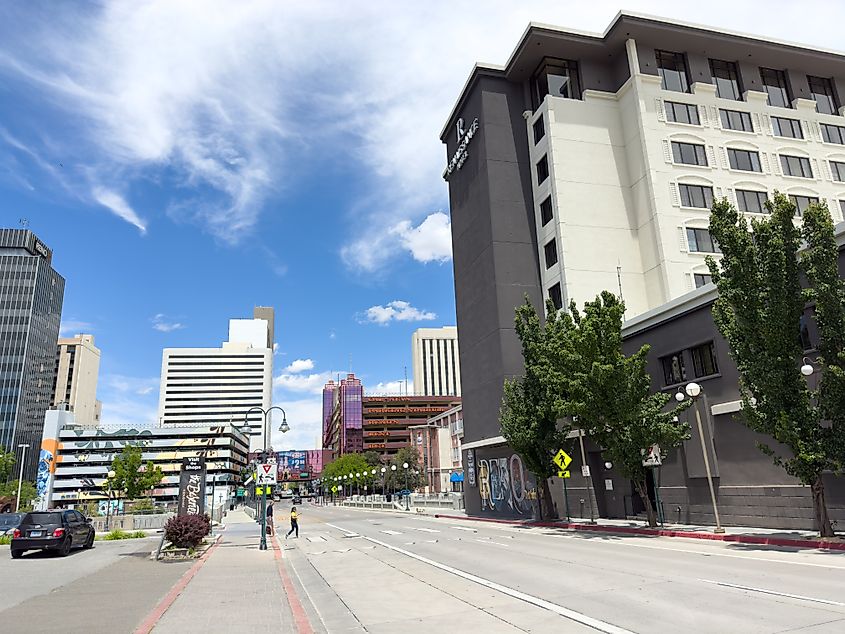 Downtown Reno, Nevada, featuring a city scene with the Renaissance Hotel prominently on the right.