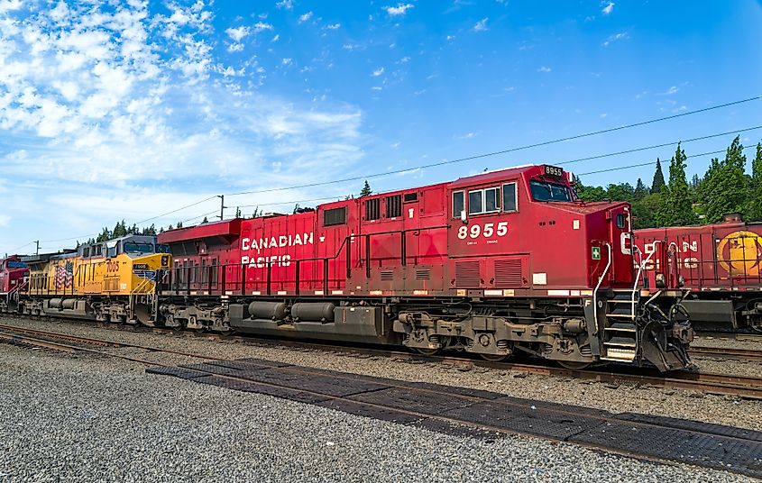 Kalama, Washington, USA - May 20, 2023: Canadian Pacific locomotive 8955 staged at the railyard