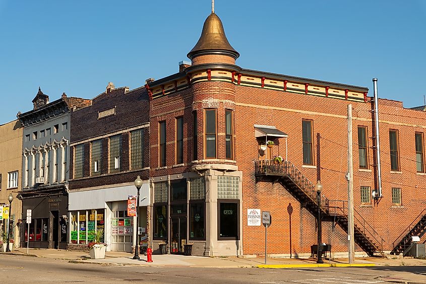 Peru, Illinois - United States - June 18th, 2023: Exterior of downtown buildings and storefronts in Peru, Illinois, USA.